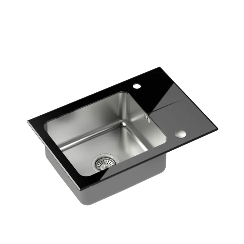 Quadri Glazz Set mit Küchenarmatur und Einbau-Edelstahlspüle mit schwarzer Glas-Abtropffläche 64x44cm umkehrbar 1208967493