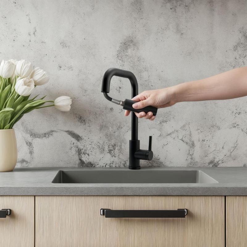 Pure.Sink Elite Steel Crystal-S Küchenarmatur Mattschwarz mit ausziehbarem Auslauf PS8050-10