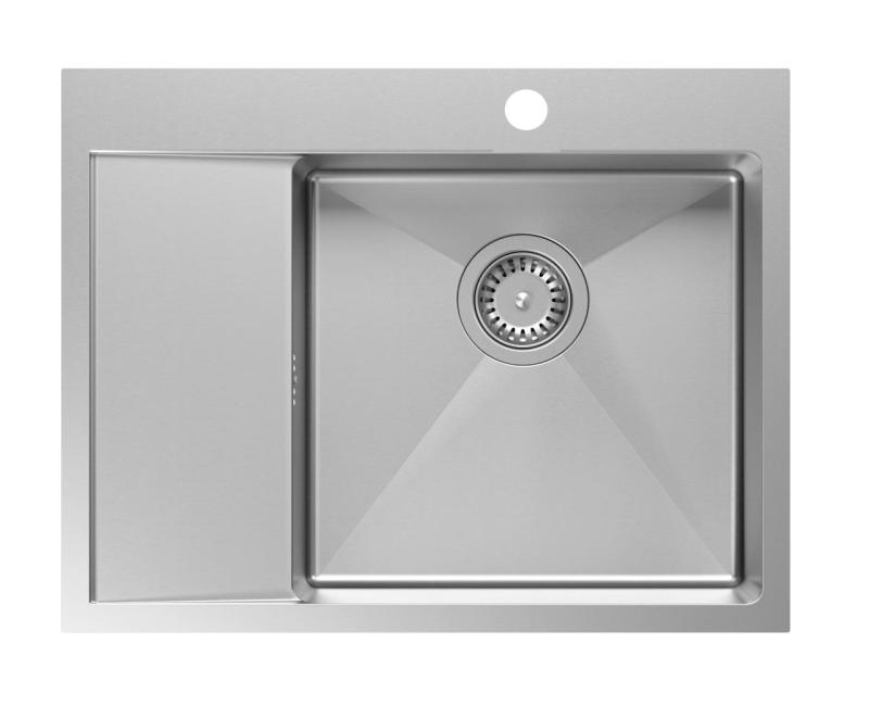 Design Aquatique Clara Évier Inox avec Bol à Droite 62x48cm Encastré ou à Encastrer avec Égouttoir, Banc pour Trou de Robinet et Bouchon en Inox - 1208967755