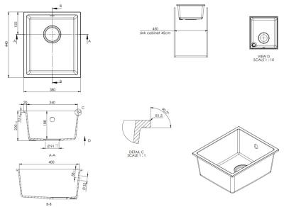 GraniteMy Universal Évier en granit blanc 34 x 40 cm, montage en surface, sous plan et encastré, avec bouchon en bronze 1208967904