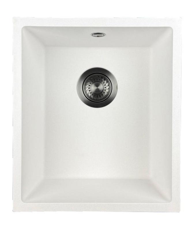 GraniteMy Universal Weiße Granitspüle 34 x 40 cm, weiß, Aufsatz, Unterbau und flächenbündig eingebaut, mit Gunmetal-Stopfen 1208967904