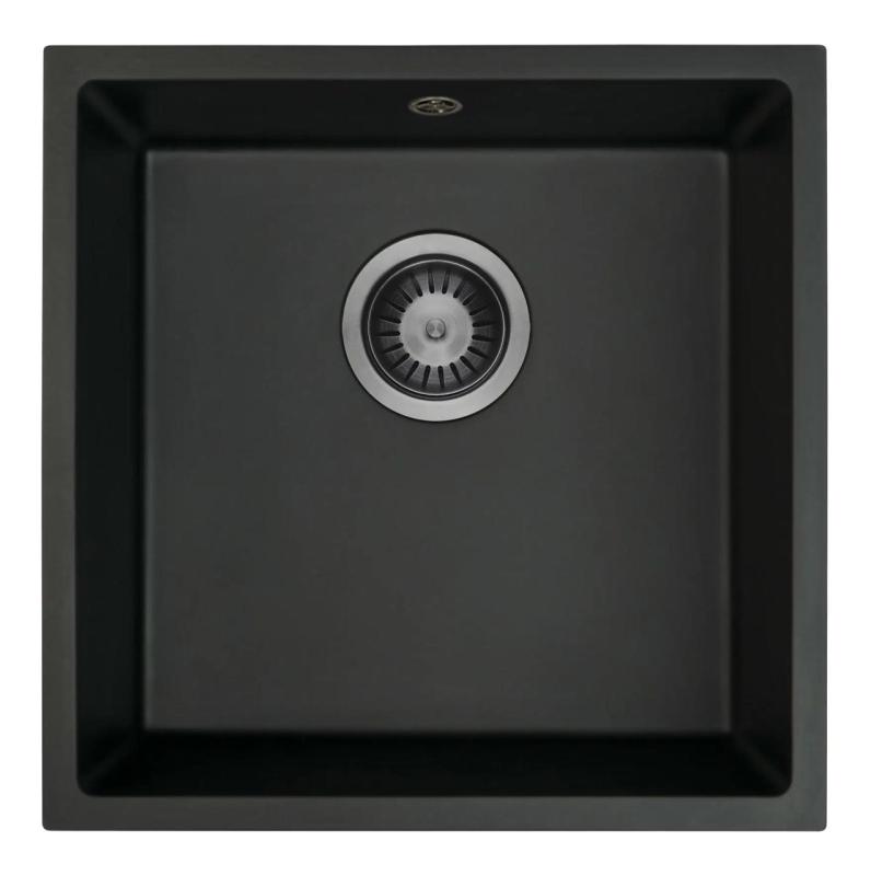 GraniteMy Universal Schwarzes Granitspülbecken 40x40 cm schwarz Aufsatz-, Unterbau- und Flachbauweise mit Gun Metal Stopfen 1208967906