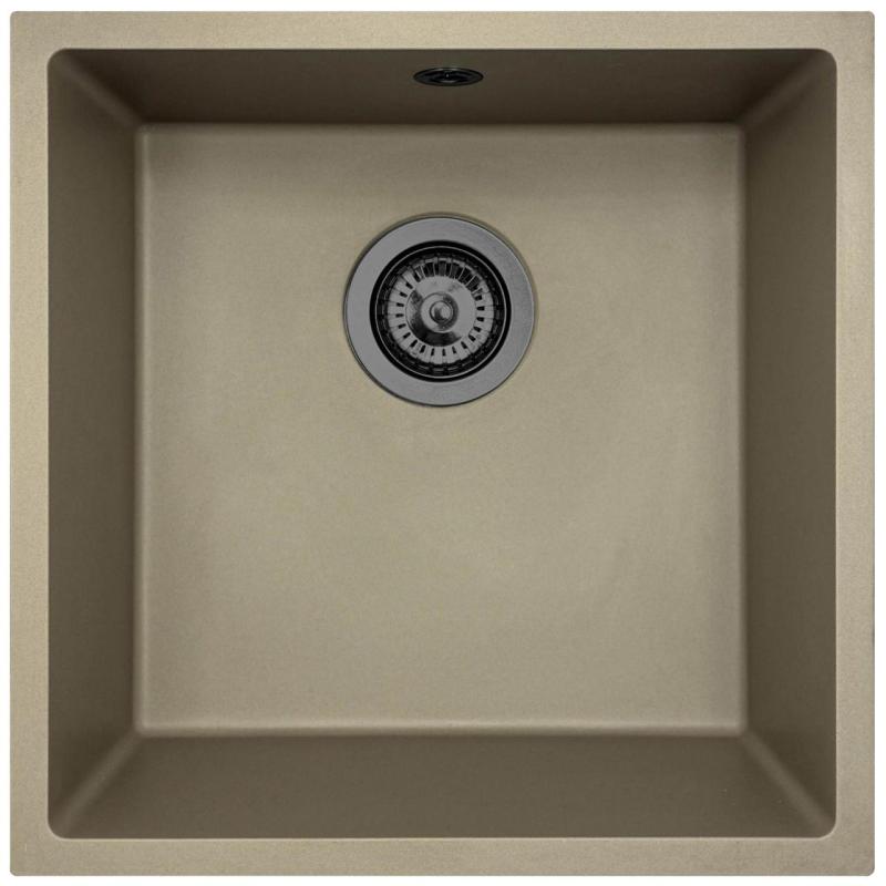 GraniteMy Universal Taupe Granitspüle 40x40 cm Aufsatz, Unterbau und Flachbau mit Gun-Metal-Stöpsel - 1208967913