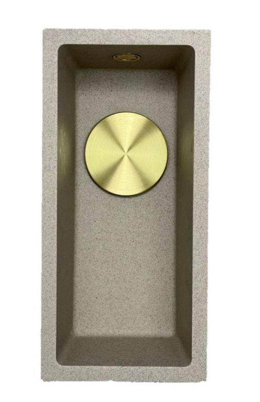 GraniteMy Universal Granit beige Sand kleine Spüle 17x40 cm Aufsatz, Unterbau und flächenbündig mit goldenem Stöpsel 1208968003