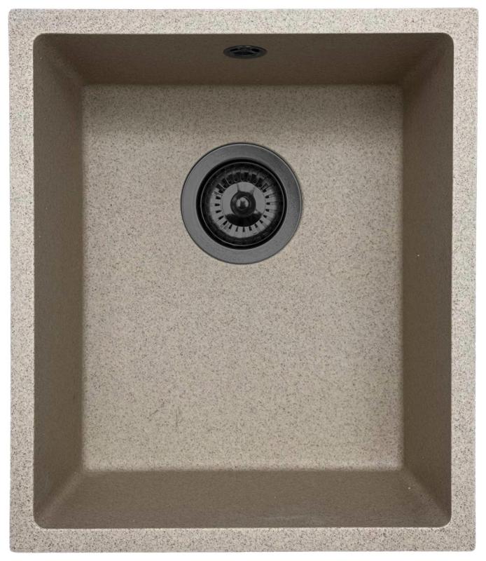 GraniteMy Universal Granit Beige Sand Spülbecken 34x40 cm Aufsatz, Unterbau und flächenbündiger Einbau mit Gun Metal Stöpsel 1208968011