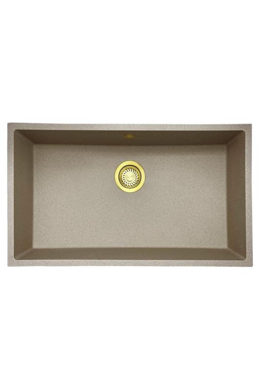 GraniteMy Universal Granit beige Sandspüle 74x40 cm Aufsatz-, Unterbau- und Flachbauweise mit goldener Abdeckung 1208968018