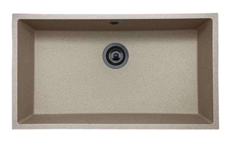 GraniteMy Universal Granit Beige Sand Spülbecken 74x40 cm Aufsatz, Unterbau und Flachbau mit Gun Metal Stopfen 1208968021