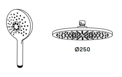 Waterevolution Flow mitigeur de douche à trois voies avec pomme de douche principale de 250 mm de diamètre et douchette ronde noire T131NR25PR