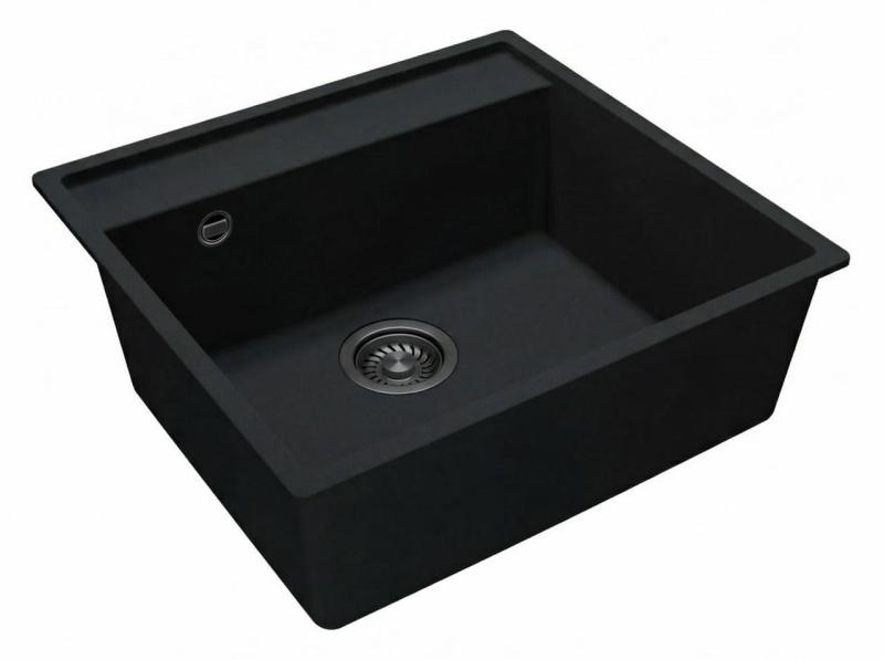 GraniteMy Bremen Évier en Granit 53x50 cm Noir - Montage en Surface, Sous-Plan et À Fleure avec Perçage pour Robinet et Bouchon en Métal Gun 1208969971