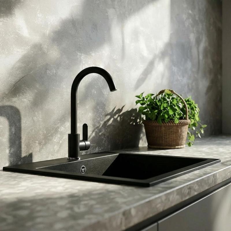 Graniteland Nera Évier en Granit 45x42 cm Noir encastré avec trou de robinet et bouchon en inox 1208969985