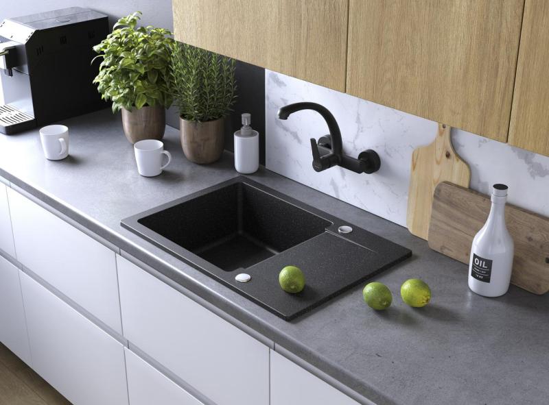 Aquadesign Kensley Granit Aufsatz Spülbecken Anthrazit mit kleinem Abtropfbereich 65 x 44 cm 1208970085