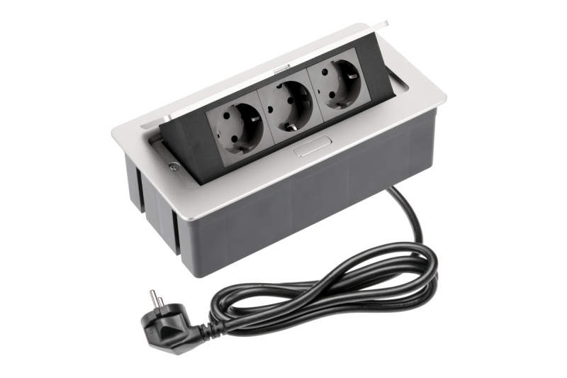 WEICHE Möbelsteckdose 3x Schuko Steckdose, Stromkabel mit Stecker, Aluminium