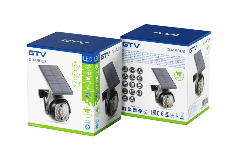 Lumière de crue solaire avec capteur de mouvement et crépusculaire GUARDOS, LED, 300lm, 6400K, 1200mAh, IP65, caméra factice