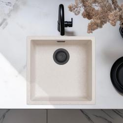Évier en Sable Blanc Crème 40x40 cm pour Montage Sous-Plan, Sur-Plan et À Fleur avec Bouchon Noir Mat 1208970540