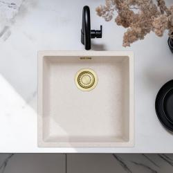 Évier Sable Blanc Crème 40x40 cm sous-plan, plan et encastré avec bouchon doré 1208970542