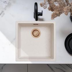 Évier Sable Blanc Crème 40x40 cm Sous-Plan, Plan et Affleurant avec Bouchon en Cuivre 1208970543