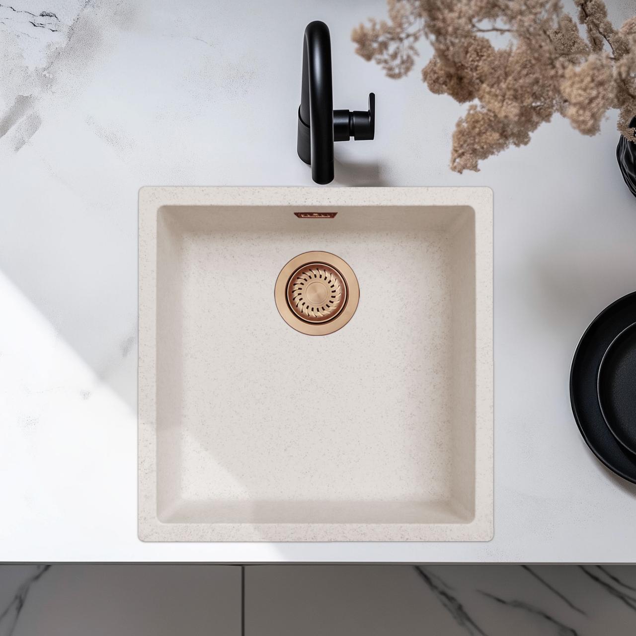 Évier Sable Blanc Crème 40x40 cm Sous-Plan, Plan et Affleurant avec Bouchon en Cuivre 1208970543
