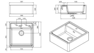 Ausmann Ceramic Panor Shade Évier Butler en céramique blanc - Sous plan et entre plan 630 x 597 mm avec banc de robinetterie et bouchon Gun metal 1208970551