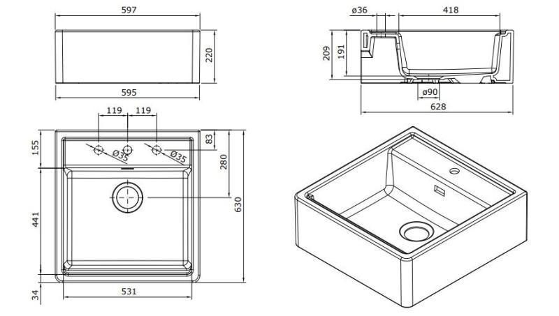 Ausmann Ceramic Panor Shade Évier Butler en céramique blanc - Sous plan et entre plan 630 x 597 mm avec banc de robinetterie et bouchon Gun metal 1208970551