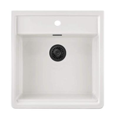 Ausmann Ceramic Panor Shade Évier Butler en céramique blanc - Sous plan et entre plan 630 x 597 mm avec banc de robinetterie et bouchon noir mat 1208970554