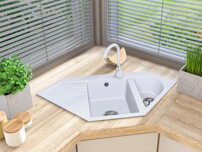 Graniteland Amiata Évier d'angle en granit blanc à poser 965 x 496 mm avec bouchon en acier inoxydable 1208970622