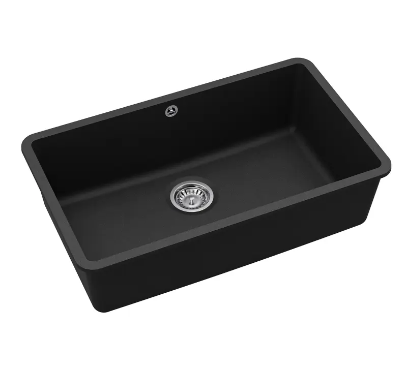 AquaGranite Modulo R19 grand évier en granit noir 76x43 cm sous plan et encastré avec bouchon en inox 1208970688