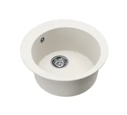 AquaGranite Lago Évier rond en granit blanc de 505mm avec bouchon en inox et 1 trou pour robinet 1208970689