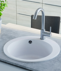 AquaGranite Lago Évier rond en granit blanc de 505mm avec bouchon en inox et 1 trou pour robinet 1208970689