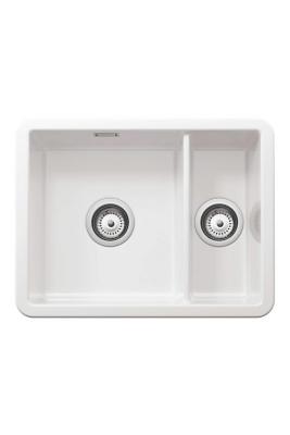 Ausmann Ceramic Ember Évier céramique blanc à une cuve et demie, à poser ou encastrer, 495 x 370 mm, avec bouchons en acier inoxydable 1208970736