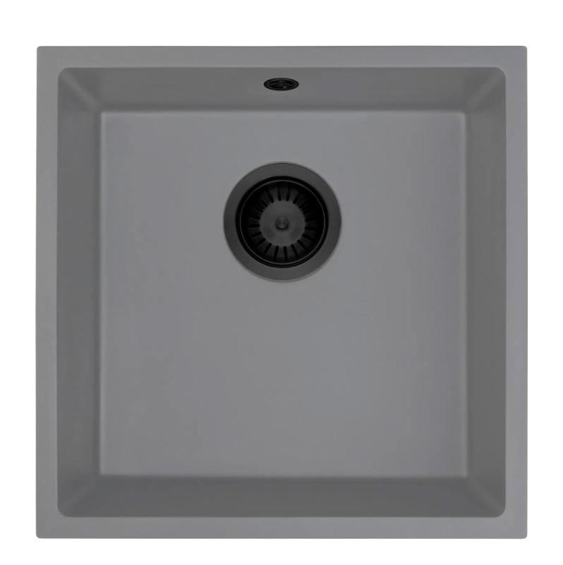 GraniteMy Universal Granit Grau Spüle 40x40 cm Aufbau, Unterbau und Flächenbündiger Einbau mit schwarzem Plug 1208970751