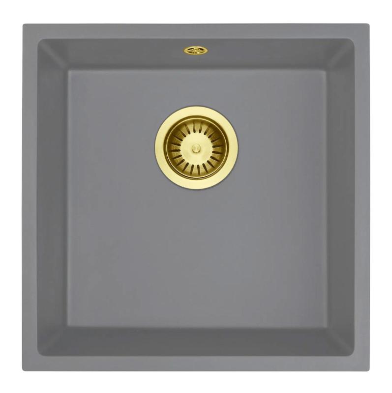 GraniteMy Universal Granit Grau Spülbecken 40x40 cm Aufsatz, Unterbau und Flächenbündig mit goldenem Plug 1208970752