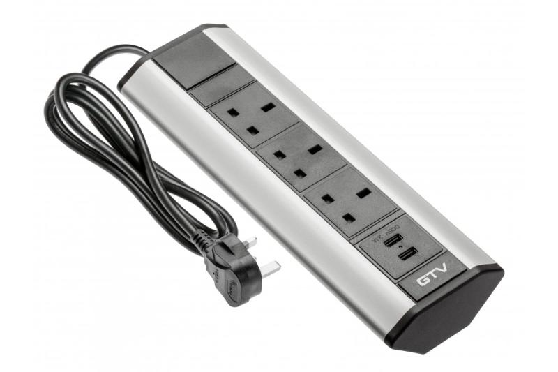 Schreibtischverlängerungskabel mit abgewinkelten 3x UK Steckdosen, 2xUSB 2.1A 5V (Silber) ENGLISCHE VERSION