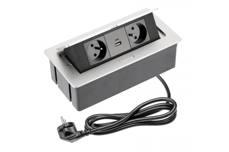 WEICHE Möbelsteckdose 2x Steckdose mit Erdung, USB A+C, Stromkabel mit Stecker, Aluminium.