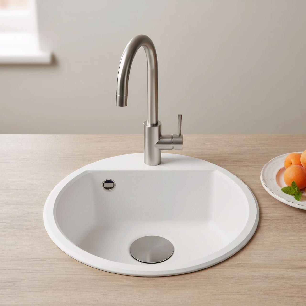 GraniteMy Bremen évier rond en granit 43 cm blanc encastrable et sous-meuble avec trou de robinet et bouchon en métal couleur canon de fusil 1208971220