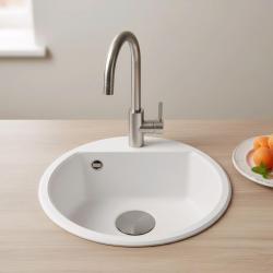 GraniteMy Bremen évier rond en granit 43 cm blanc encastrable et sous-meuble avec trou de robinet et bouchon en métal couleur canon de fusil 1208971220