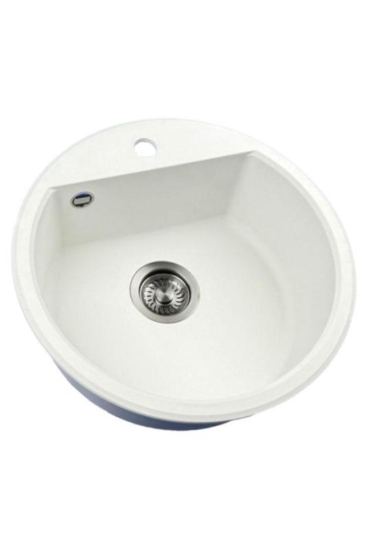 GraniteMy Bremen runde Granitspüle 43 cm weiß Auf- und Unterbau mit Wasserhahnlochbank mit Gun Metal Plug 1208971220