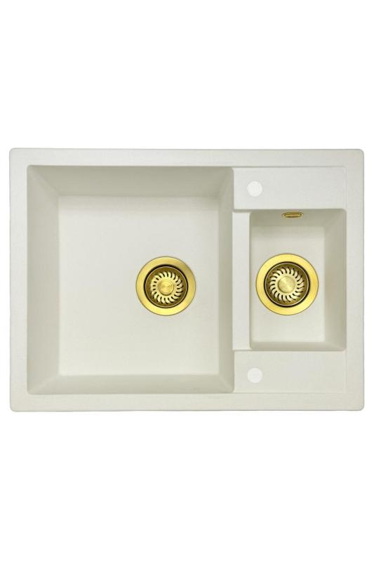 GraniteMy Smart extra flache 1,5 Granit-Aufbau weiße Spüle 58x44cm mit goldenem Stecker 1208971224