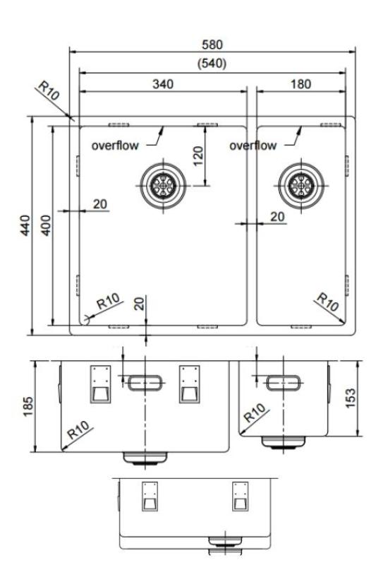 Pure.Sink Exclusivo Gun Metal 1,5 bac et demi 34+18 cm rayon de 10mm PEX341840-61