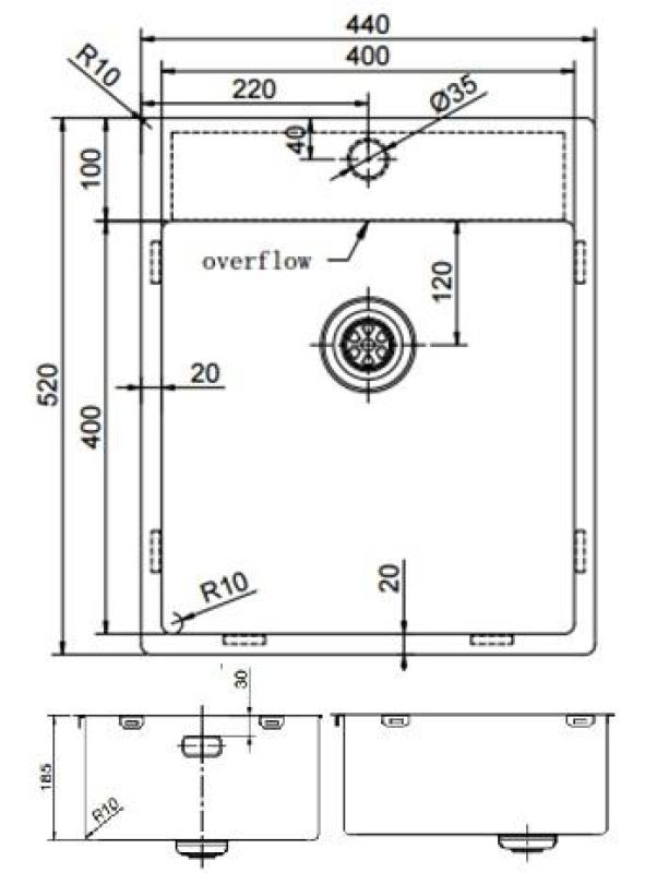 Pure.Sink Exclusivo Kupferspüle 44x52 cm Tapwing mit Lochbank 10mm Radius PEX4040T-62