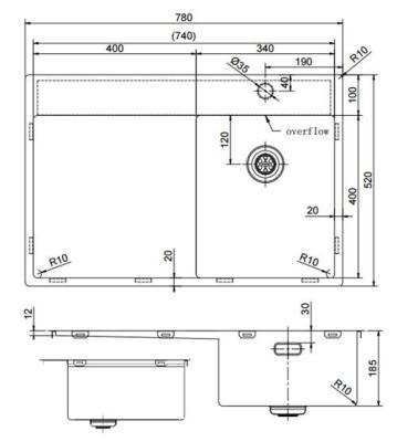Pure.Sink Exclusivo Gun Metal petit évier avec zone d'égouttage 78x52 cm Tapwing à droite PEX3478RT-61
