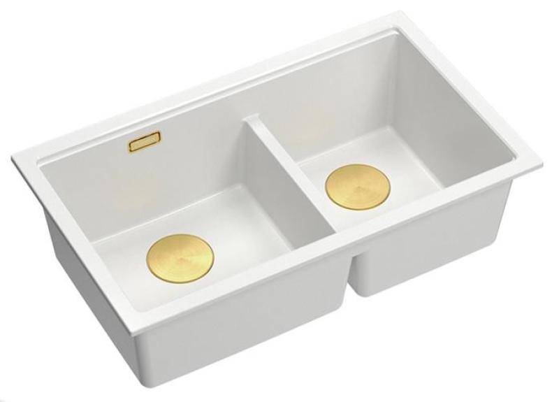 Quadri Newport II Doppelte Weiße Granit-Aufbauspüle 76x45 cm mit Goldenem Stopfen 1208971363