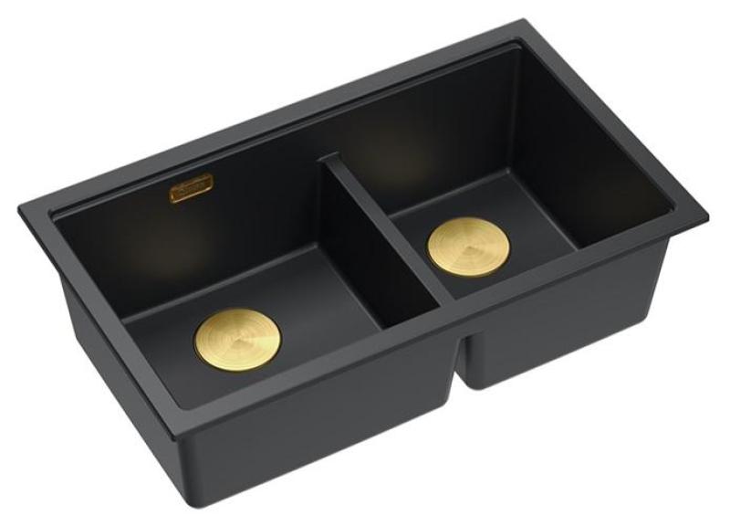 Quadri Newport II Doppelte Schwarze Granit Unterbau Spüle 702 x 390 mm mit goldenem Stopfen 1208971381