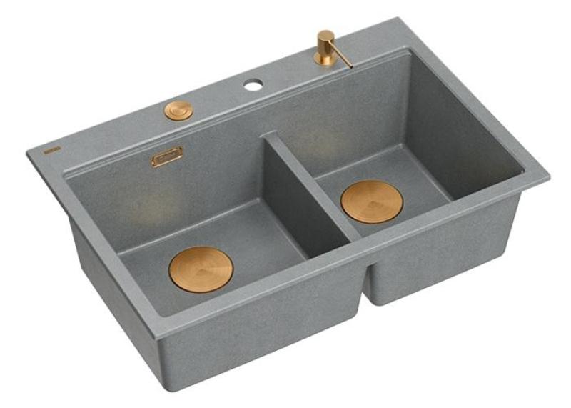Quadri Hard Rock Doppelte Graue Granit Aufbau Spüle 76x50 cm mit Kupferstöpsel und Zubehör 1208971389
