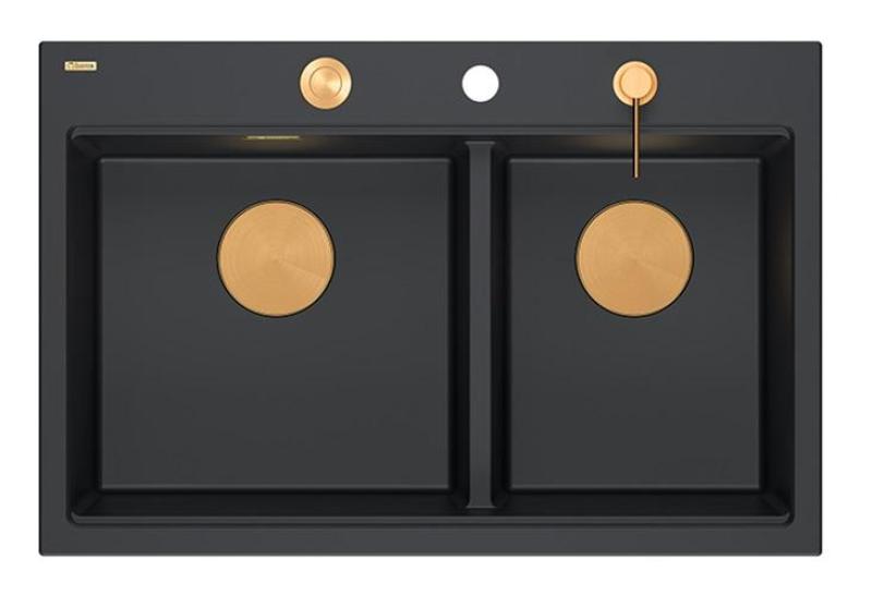 Quadri Hard Rock Doppelte Schwarze Granit Aufbau Spüle 76x50 cm mit Kupferstopfen und Zubehör 1208971390
