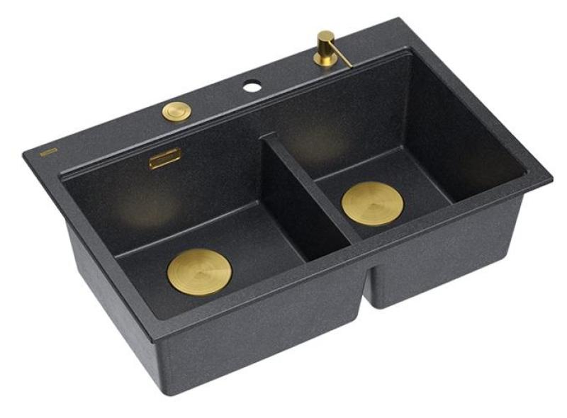 Quadri Hard Rock Doppel Anthrazit Granit Aufbau Spüle 76x50 cm mit goldenem Stopfen und Zubehör 1208971393