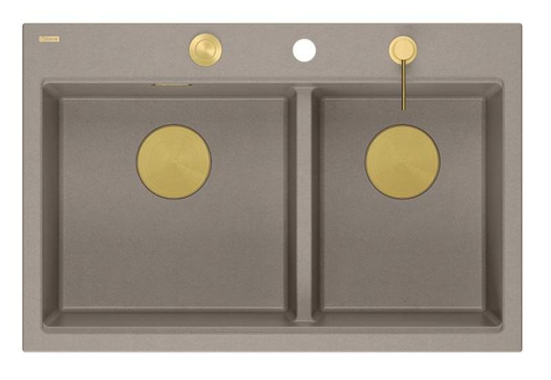 Quadri Hard Rock Doppel Taupe Granit Aufbau Spülbecken 76x50 cm mit goldenem Stecker und Zubehör 1208971396