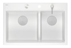 Quadri Hard Rock Double Évier de montage en granit blanc 76x50 cm avec bouchon en inox et accessoires 1208971398