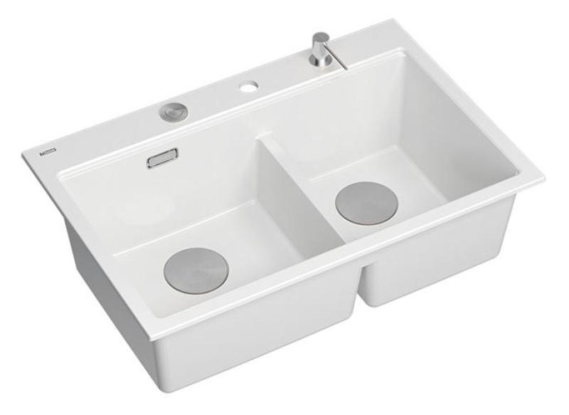Quadri Hard Rock Doppelte Weiße Granit Aufbau Spüle 76x50 cm mit Edelstahl-Stecker und Zubehör 1208971398