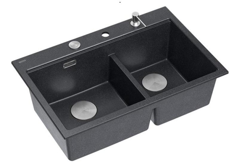 Quadri Hard Rock Doppel Anthrazit Granit Aufbauwaschbecken 76x50 cm mit Edelstahlstöpsel und Zubehör 1208971399
