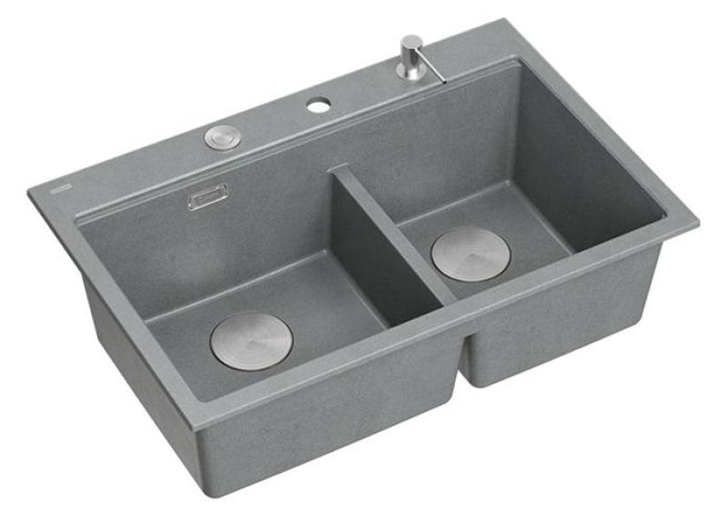 Quadri Hard Rock Doppelte Graue Granit Aufbau Spüle 76x50 cm mit Edelstahlstecker und Zubehör 1208971400